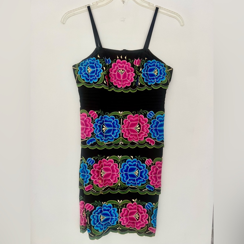 Blue & Pink Vibrant Embroidered Floral Design on Black Cotton Spaghetti Strap Dr